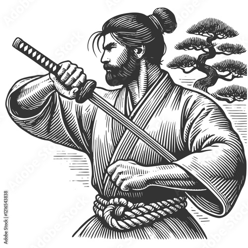 Bushido muscular samurai with katana, showcasing traditional Japanese warrior art sketch engraving generative ai fictional character vector illustration. Scratch board imitation. Black and white image