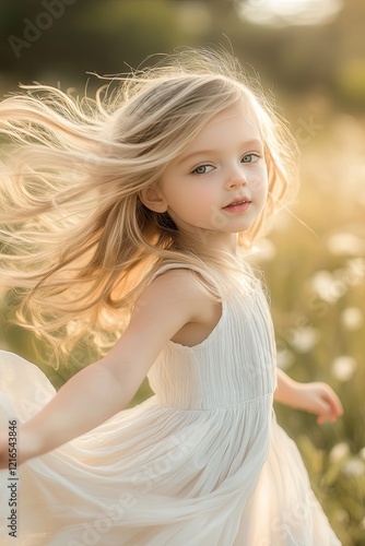 Whimsical moment captured in golden sunlight, girl twirls gracef photo