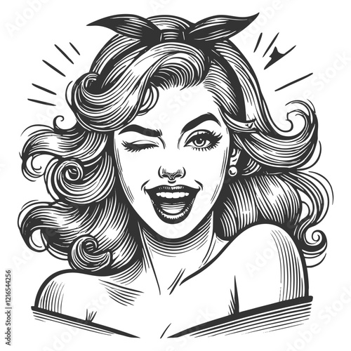 Woman Winking engraving sketch vector illustration