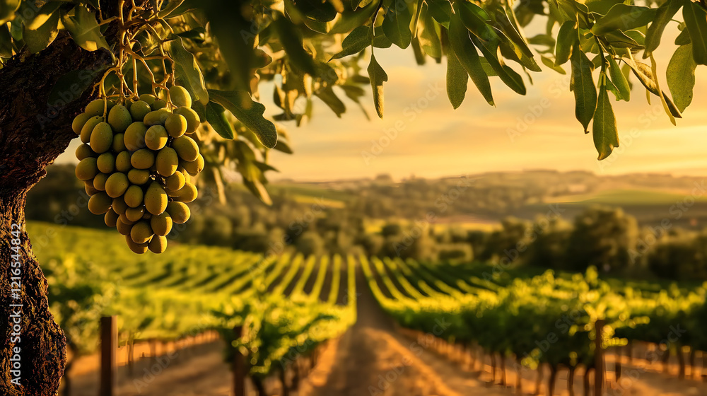 Fototapeta premium Olive fruits hanging a tree in a vineyard with grapevines and a Mediterranean landscape softly blurred behind evoking the connection between the land and produce Scientific name Olea europaea