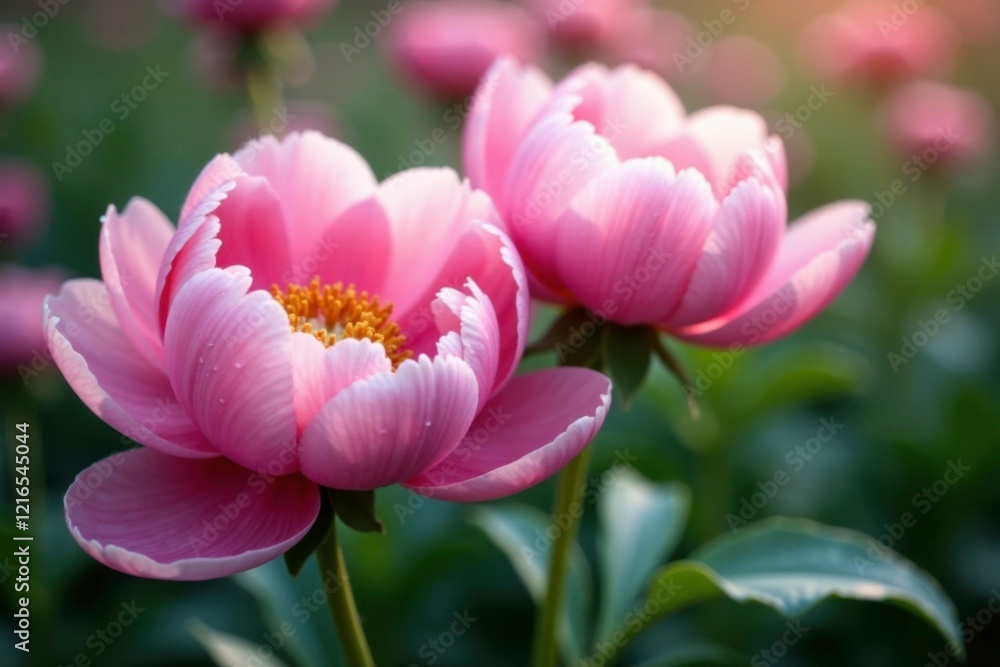 Delicate pink peony flowers blooming on a stem with water droplets, spring flowers, flowers Delicate pink peony flowers blooming on a stem with water droplets, spring flowers, flowers