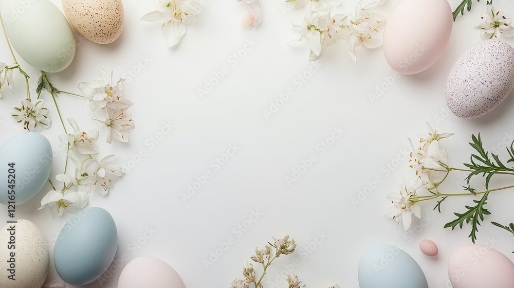 Fototapeta premium Pastel eggs surround delicate flowers, creating soft, festive at