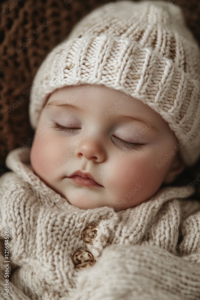Cozy baby asleep in knitted attire, exuding warmth and tranquili Cozy baby asleep in knitted attire, exuding warmth and tranquili