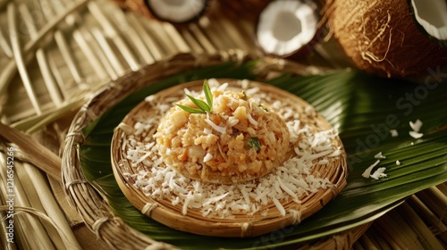 Delicious tropical dessert served on leaf, garnished with coconu photo