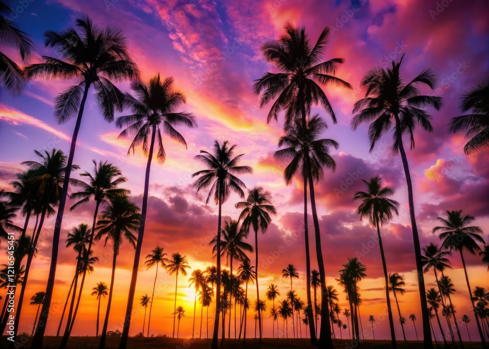 Silhouetted palm trees frame a vibrant pink and violet sunset, showcasing deep depth of field in a tropical nightscape. Silhouetted palm trees frame a vibrant pink and violet sunset, showcasing deep depth of field in a tropical nightscape.