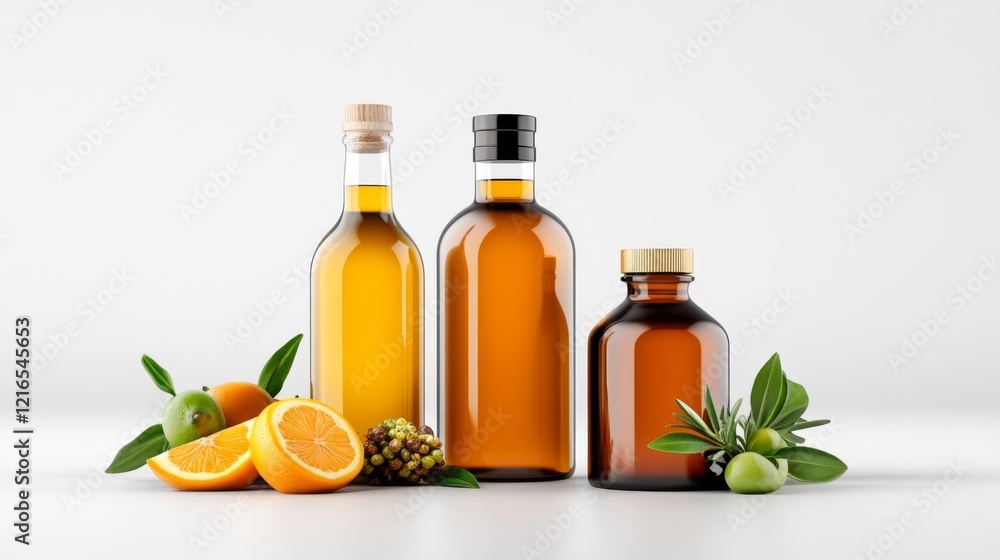 Oil bottles with fresh citrus fruits isolated on white background. Generative AI Oil bottles with fresh citrus fruits isolated on white background. Generative AI