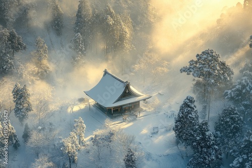 Serene snowy landscape highlights traditional architecture amids photo