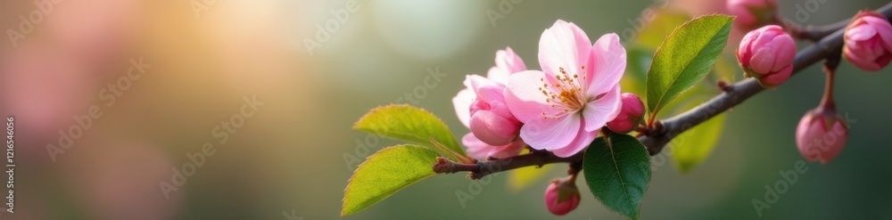 Delicate pink petals unfolding on a branch of almond tree, leafy greens, blossoms tree Delicate pink petals unfolding on a branch of almond tree, leafy greens, blossoms tree