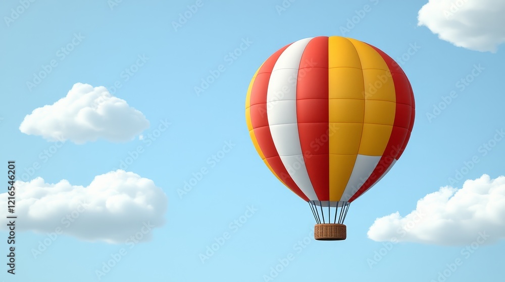 Naklejka premium A vibrant red, yellow, and white hot air balloon floats serenely against a clear blue sky