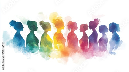 diverse group of women silhouettes in watercolor rainbow colors