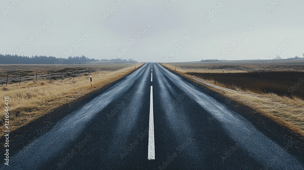 Fototapeta premium Endless road stretches through desolate landscape, reflecting mo