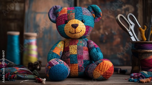 Patchwork teddy bear studio shot, craft workshop background