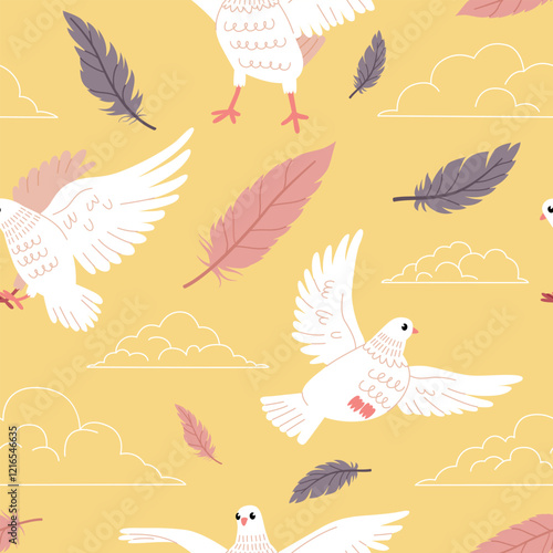 Flying white pigeons seamless pattern. Doves among clouds, funny birds in sky, falling feathers, peace and love symbol, vector background