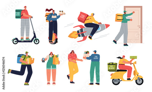 Food delivery services. Transporting products different ways, people bring orders, couriers with boxes, backpacks and containers, vector set