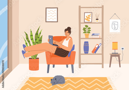 Freelance girl works at home. Woman with laptop is lying on sofa in cozy room interior, free schedule, remote worker, vector illustration