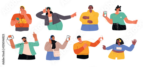 Funny guys and girls listen music. Cartoon young people with headphones, audio functions of smartphone, carefree lifestyle, vector set