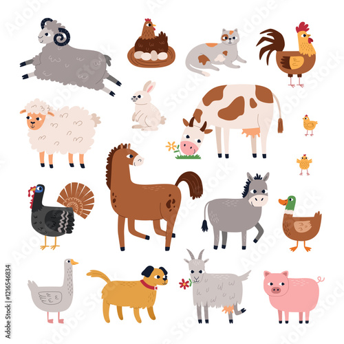 Funny farm animals. Domestic fauna characters, cute mammals and birds, horse, cow, sheep, pig, duck, hen, agricultural industry, vector set