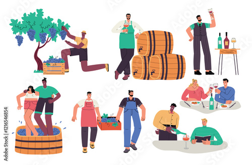 Funny people make and drink wine. Alcoholic beverages production, cute winemakers, tasters characters, grape harvest, sommelier, vector set