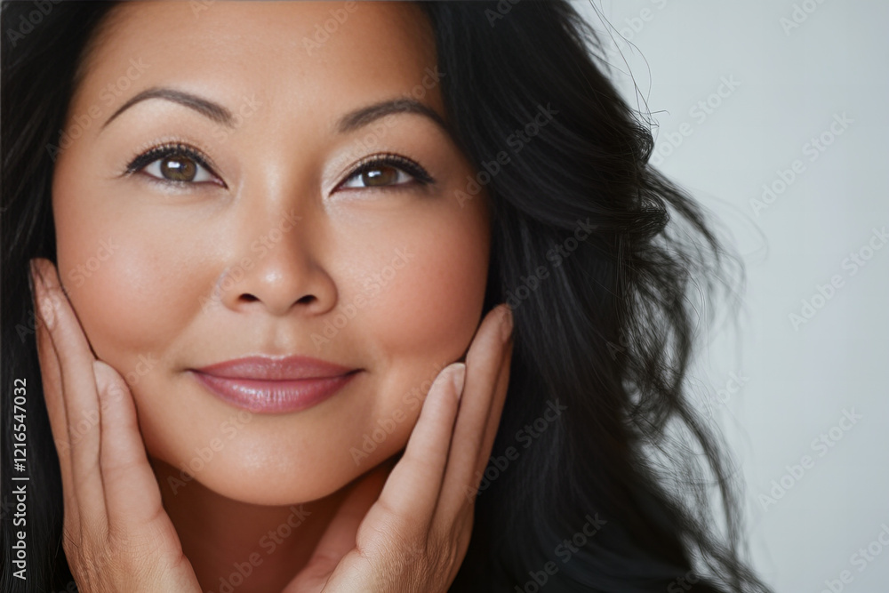 Obraz premium Close-up portrait of an Asian woman with radiant skin, natural makeup, and a confident smile, perfect for beauty, skincare, wellness, and professional concepts