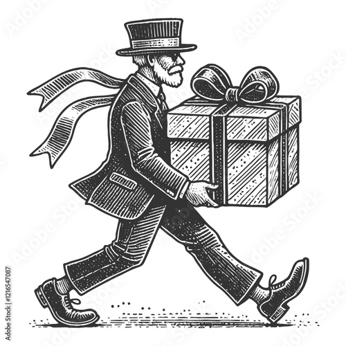 Gentleman Carrying a Gift Box engraving vector