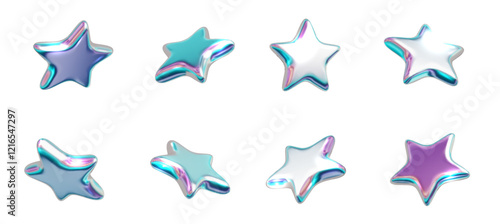 Chrome star holographic 3d collection. Metal realistic shape 3d chrome vector from different angle isolated PNG