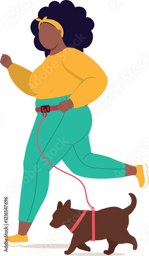 Side View Of An Overweight Black Woman In Activewear Jogging With Her Dog With Hands-Free Harness.