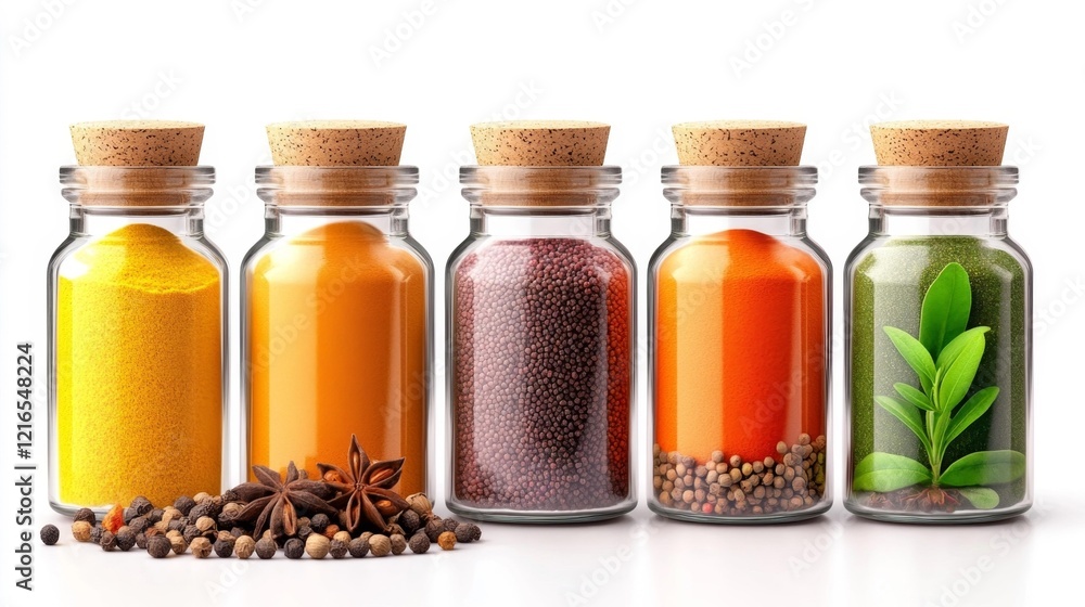 Colorful spices in jars isolated on white background. Generative AI Colorful spices in jars isolated on white background. Generative AI