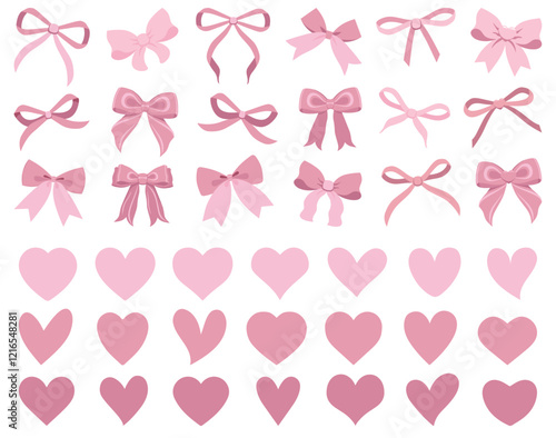 Vector Illustrations of pink vintage bows and hearts set. Bow for girly hair decor, flat icons. Ribbons isolated. Trendy girls accessories. Cute hairstyle elements collection. Simple blue ribbon bow