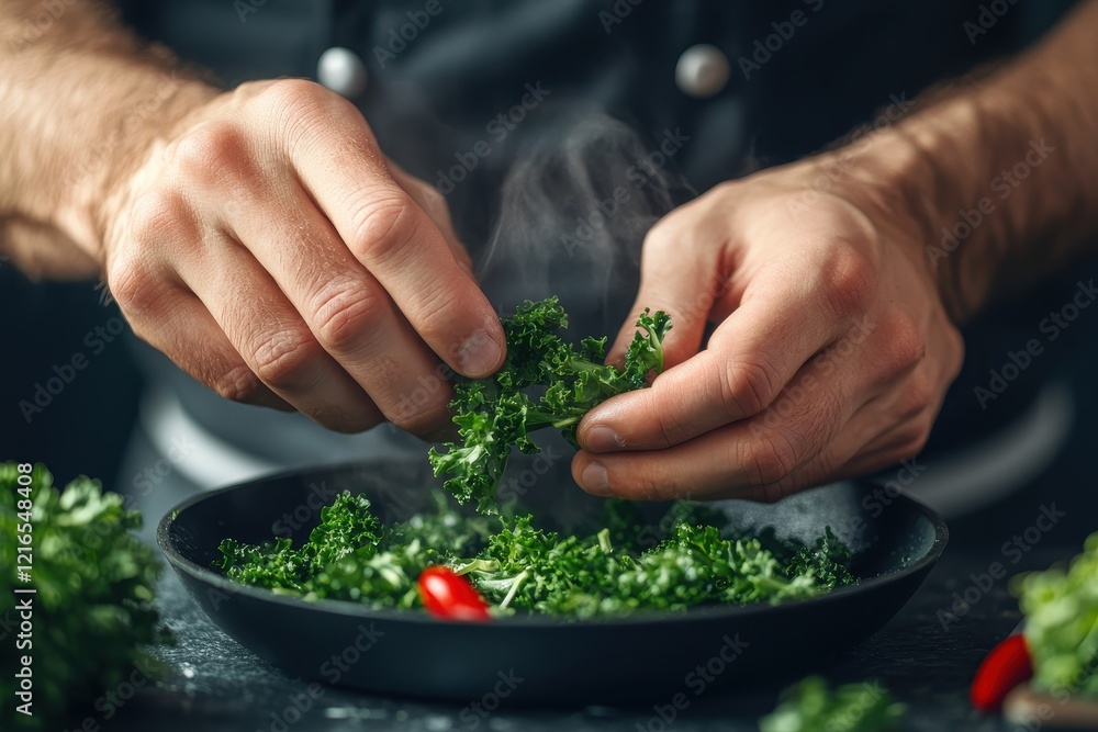 Chef adds parsley to steaming kale in dark kitchen Chef adds parsley to steaming kale in dark kitchen