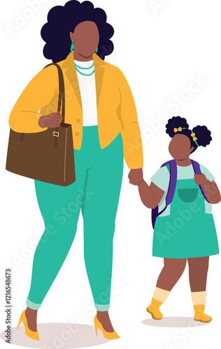 Working Plus Size Black Mother Taking Her Daughter To School While Holding Hands Together.