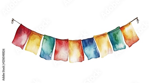 Watercolor Painting of Colorful Prayer Flags Hanging on a String
