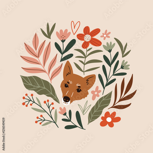 Finnish spitz in floral wreath. Stylish dog portrait. Cute dog and beautiful flowers card design, kids poster or print for t-shirt. 