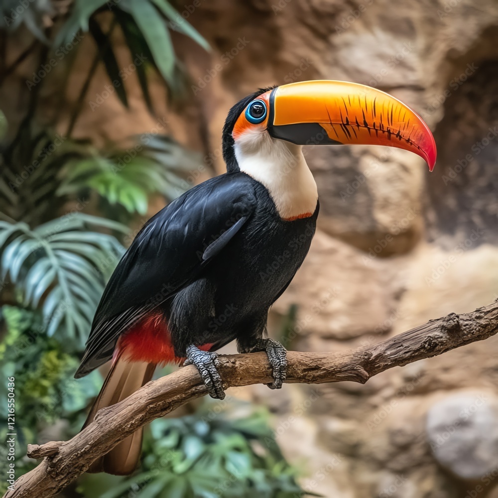 Naklejka premium Vibrant toucan perched on branch, showcasing colorful beak and lush rainforest background.