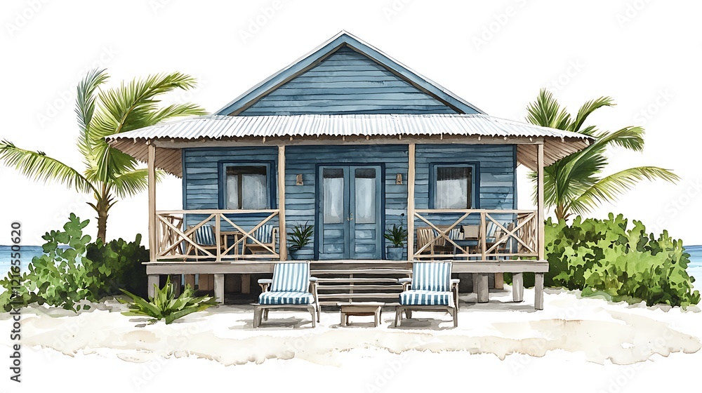 Fototapeta premium Watercolor Painting of a Serene Beach House Getaway.