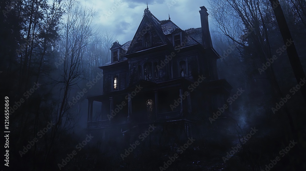 A Mysterious Old House Surrounded by Fog and Trees A Mysterious Old House Surrounded by Fog and Trees