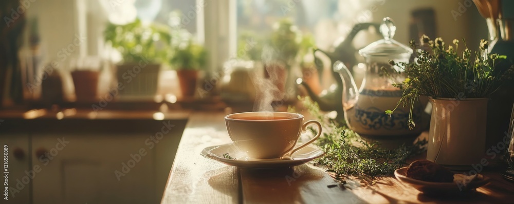 Enjoying a warm cup of tea with herbs in a cozy kitchen during the afternoon Enjoying a warm cup of tea with herbs in a cozy kitchen during the afternoon