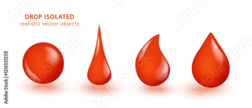 Red drops realistic, blood droplet icon isolated. Blood donation concept. 3d vector illustration.