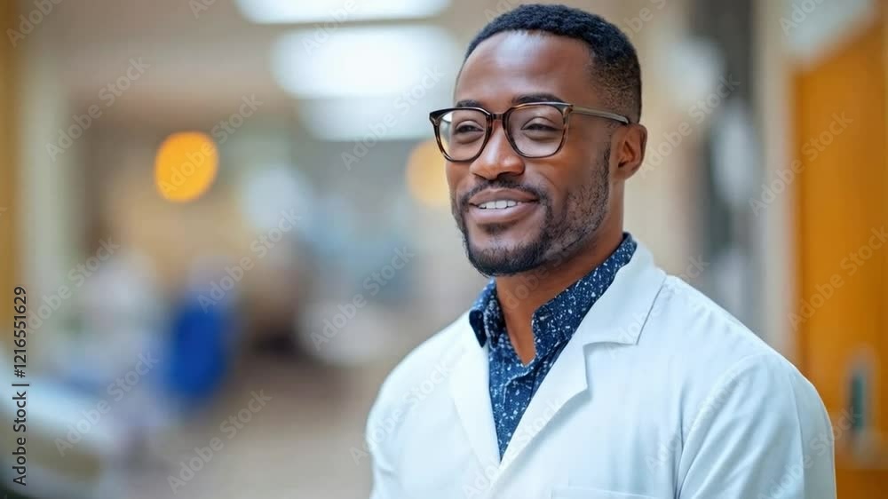 A healthcare professional in a white coat smiles confidently while standing in a hospital environment. A healthcare professional in a white coat smiles confidently while standing in a hospital environment.