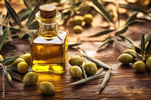 Golden olive oil bottle surrounded by fresh olives and green lea