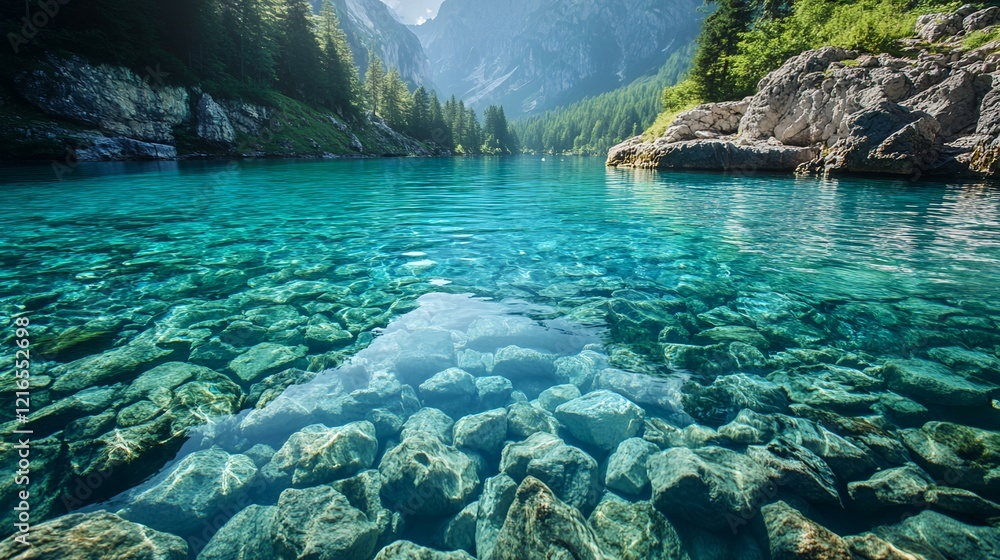 Crystal-clear alpine lake, sunlit rocks visible underwater, mountain backdrop, perfect for travel brochures