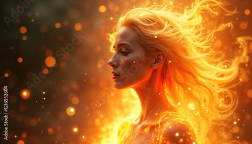 Fiery prophetess with celestial aura. Woman hair, skin in blaze of fire. Spiritual energy emanates from body. Divine light beams envelop. Powerful religious depiction. Vintage illustration style. photo