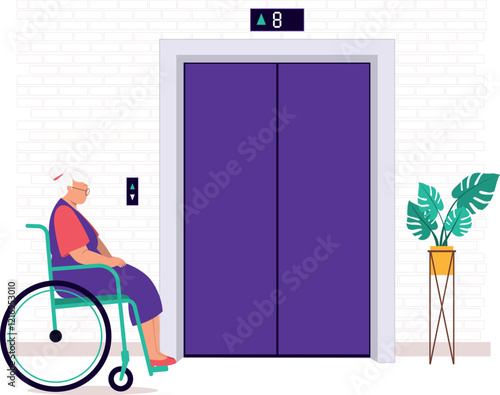 One Disabled Elderly Woman In Wheelchair Waiting Outside To Take An Elevator.