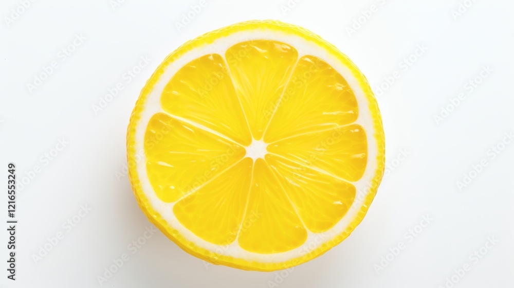 Bright yellow lemon slice displays vibrant color and texture against a white background, highlighting its juiciness and freshness Bright yellow lemon slice displays vibrant color and texture against a white background, highlighting its juiciness and freshness
