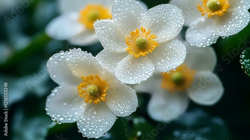 Dew-kissed white flowers, garden closeup,  blurred green background, nature photography for website or print