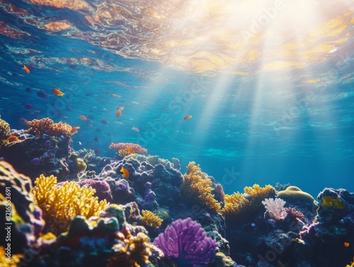 An underwater scene showcasing vibrant coral reefs illuminated by sun rays filtering through clear blue water, with small tropical fish swimming aroun photo