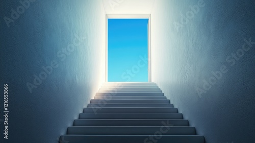 A perspective view of a long, white staircase leading up to an open door,