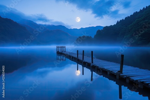 Serene lake at twilight, reflecting moonlit sky and misty mounta photo