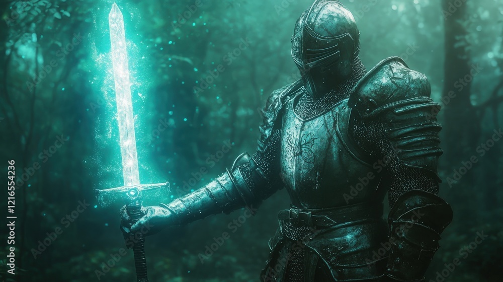 A brave knight in shining armor holding a glowing sword in a mystical forest A brave knight in shining armor holding a glowing sword in a mystical forest