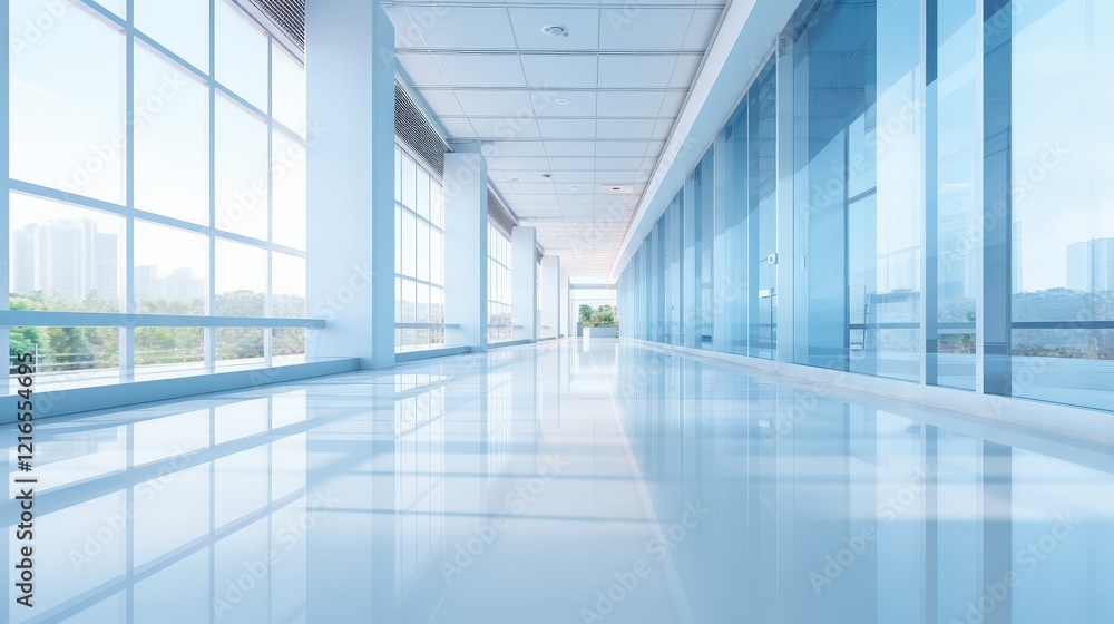 Bright and Spacious Abstract Office Hallway with Blurred Reflection and Large Windows Offering Natural Light in Modern Corporate Environment Bright and Spacious Abstract Office Hallway with Blurred Reflection and Large Windows Offering Natural Light in Modern Corporate Environment