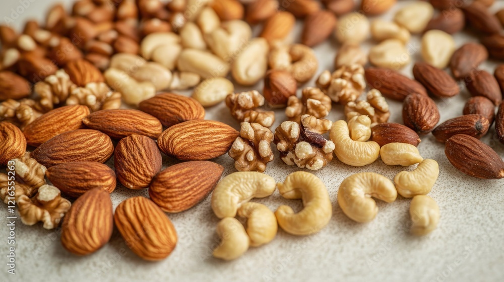 Diverse assortment of nuts arranged artistically, showcasing ric Diverse assortment of nuts arranged artistically, showcasing ric